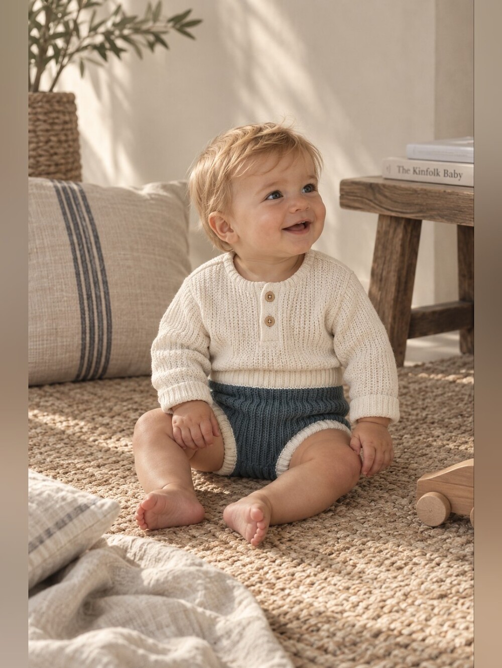 Knit Ribbed Baby Bloomers in Slate Blue & Cream